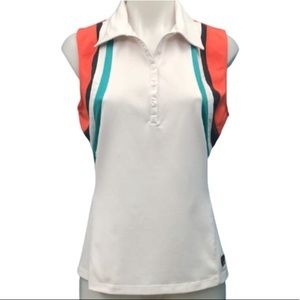 FILA WHITE SLEEVELESS ATHLETIC TOP • GREEN/ORANGE/GRAY STRIPES • sz M